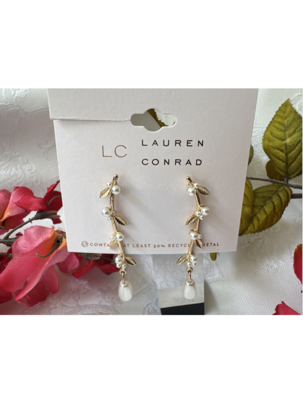 LC Lauren Conrad Dainty 2" GoldTone Pearl Bead Dangle Drop CZ Earrings NEW